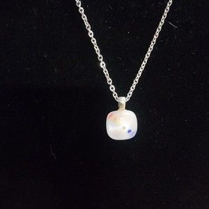 Artesian Made Silver Tone Dainty Chain Square White Pendant W/Multi Color Dots
